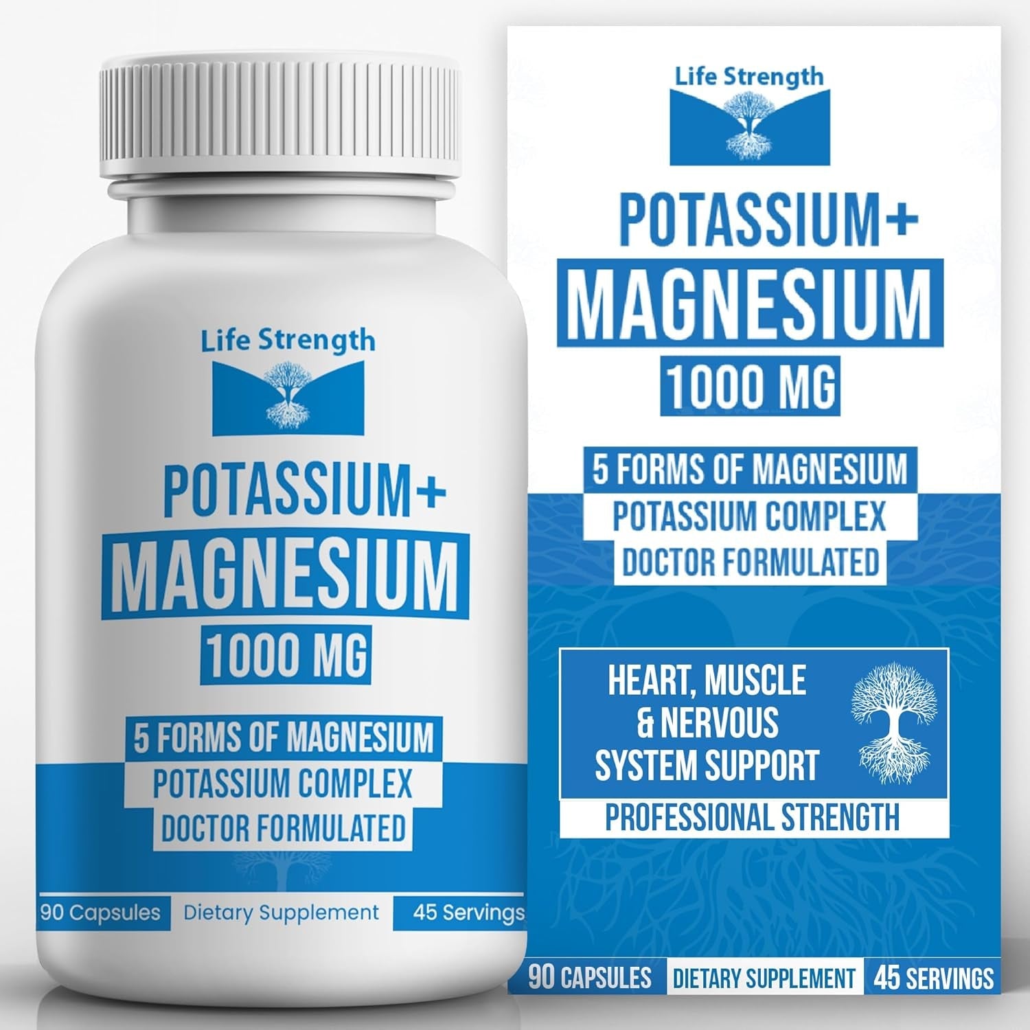 Life Strength, Potassium Magnesium Supplement 1000Mg - 90 Capsules – Potassium & Magnesium Complex with Aspartate, Glycinate, Oxide, Gluconate & Citrate – Muscle, Leg & Electrolyte Support