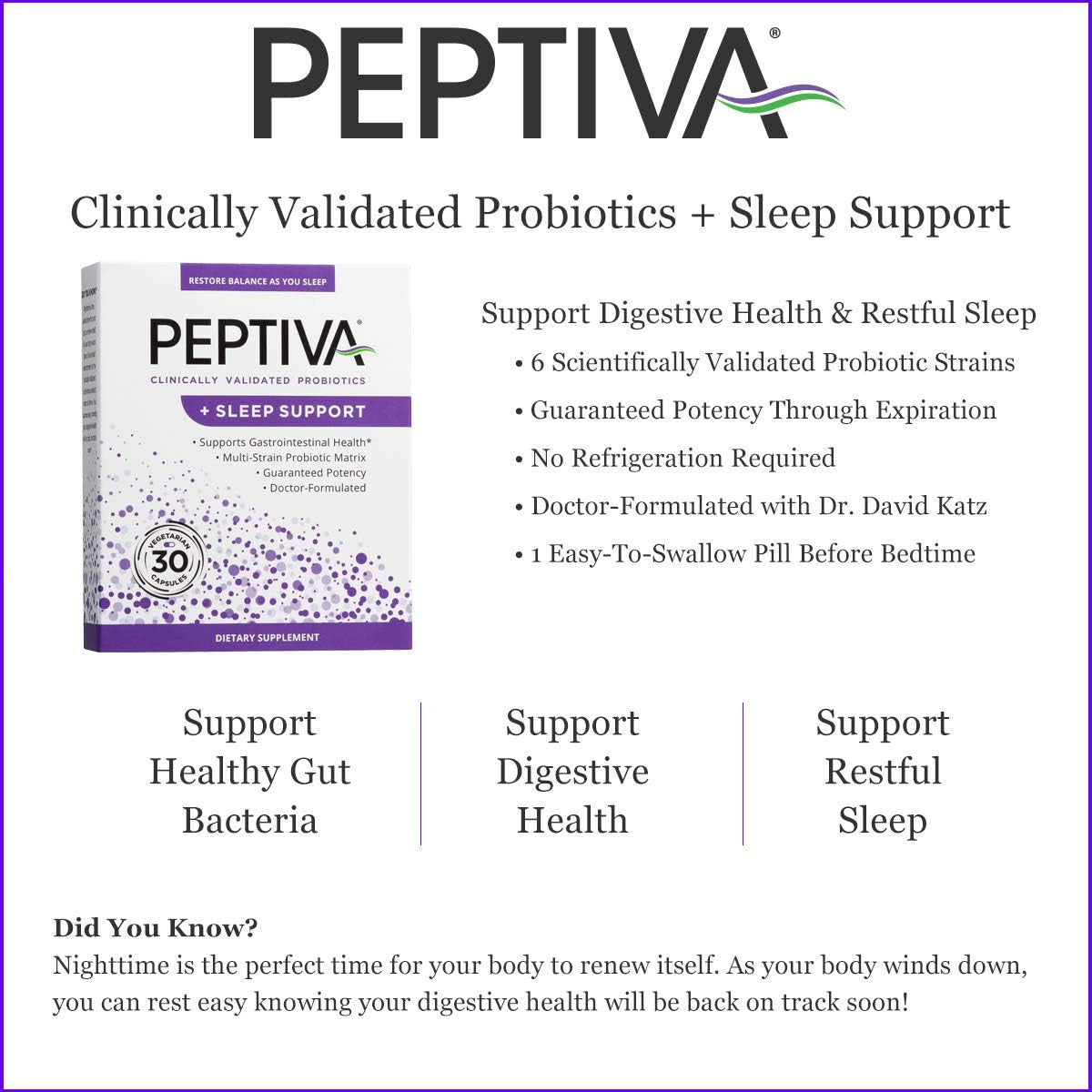Peptiva 26 Billion CFU Probiotic and Sleep Support - Clinically Validated Multi-Strain Probiotic - Lactobacillus and Bifidobacterium, Melatonin - 30 Count