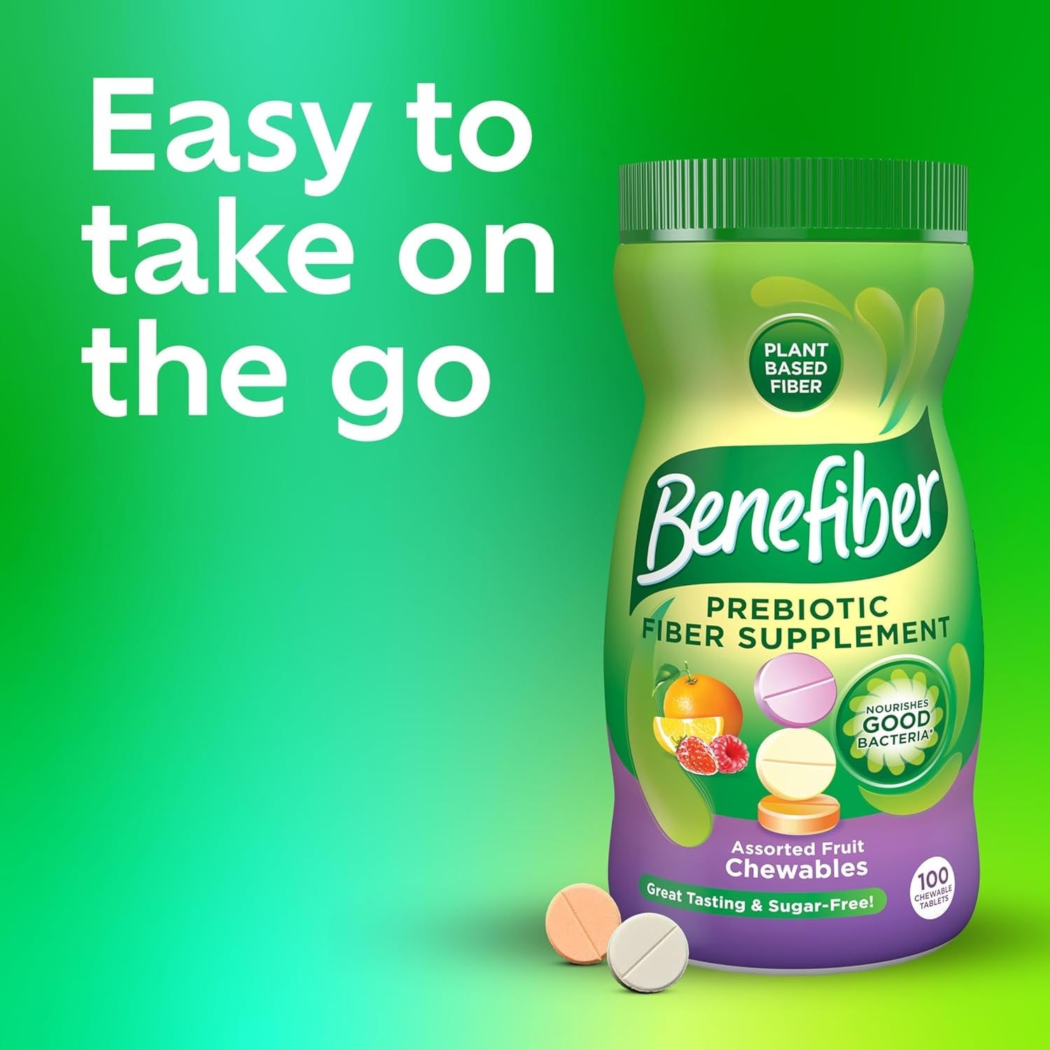 Benefiber Chewable Prebiotic GLP-1 Friendly Fiber Supplement Tablets for Digestive Health, Assorted Fruit Flavors - 100 Count
