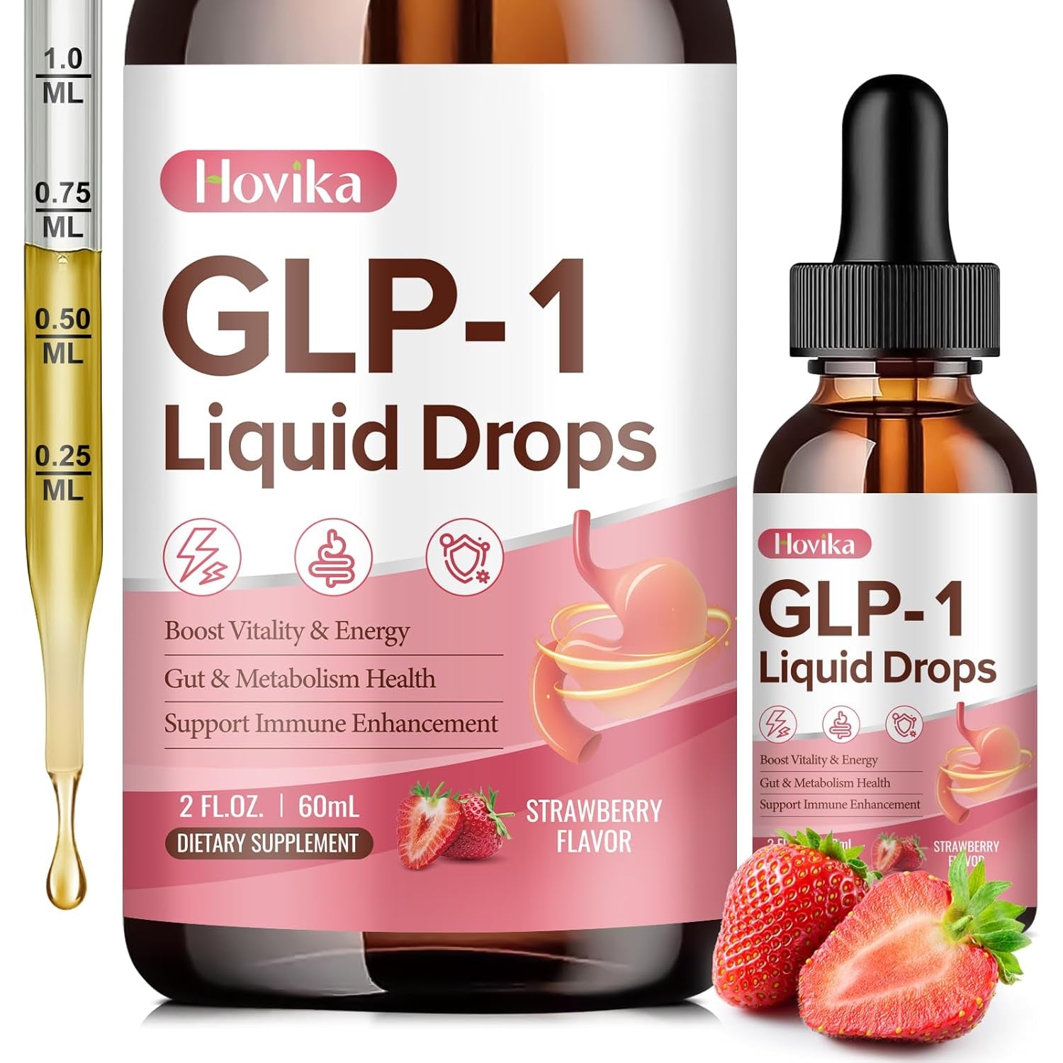 GLP-1 Supplement, GLP-1 Support Liquid Drops with Berberine, Chromium, Ceylon Cinnamon, Green Tea & Hops Flower Extract, GLP-1 Supplement for Gut & Metabolism Health, Vegan, Strawberry Flavor, 2 Fl Oz