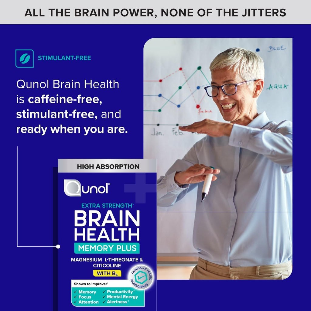 Qunol Brain Health Memory plus with B6, Magnesium L-Threonate & Citicoline, Clinically Tested Ingredients to Improve Memory, Focus, Attention and Productivity, 90 Count
