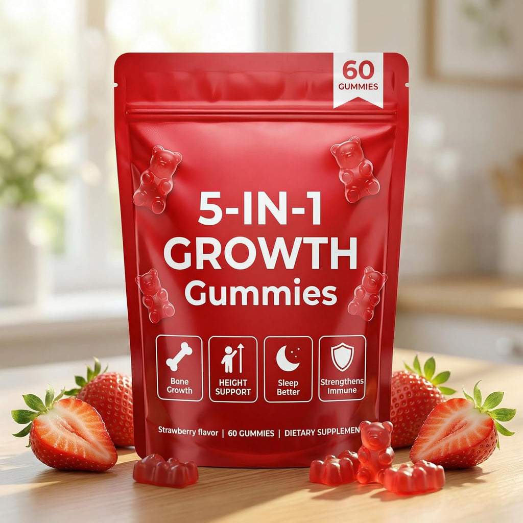 5-In-1 Growth Gummies, Supports Natural Height & Bone Development with Essential Amino Acids & D3, K2, Delicious Strawberry Flavor, 60-Count