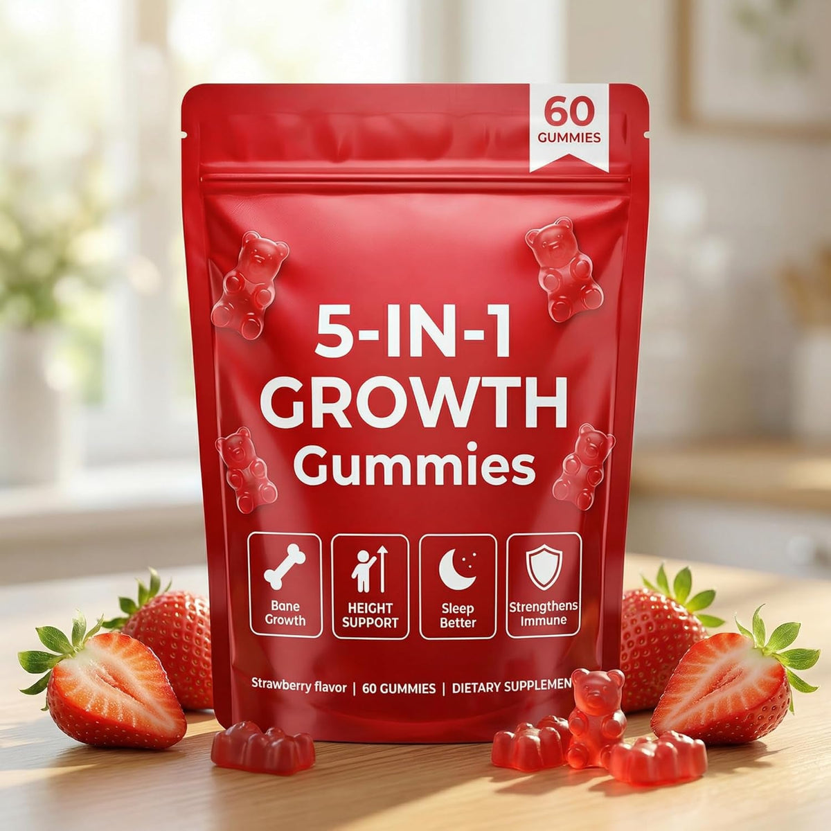 5-In-1 Growth Gummies, Supports Natural Height & Bone Development with Essential Amino Acids & D3, K2, Delicious Strawberry Flavor, 60-Count
