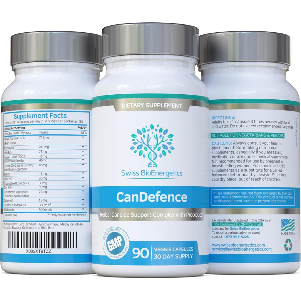 Swiss Bioenergetics Candefence — Herbal & Probiotic Digestive Support Supplement with Caprylic Acid, Oregano, Garlic, Aloe Vera, Probiotics & Zinc — 90 Vegetarian Capsules, 30 Day Supply