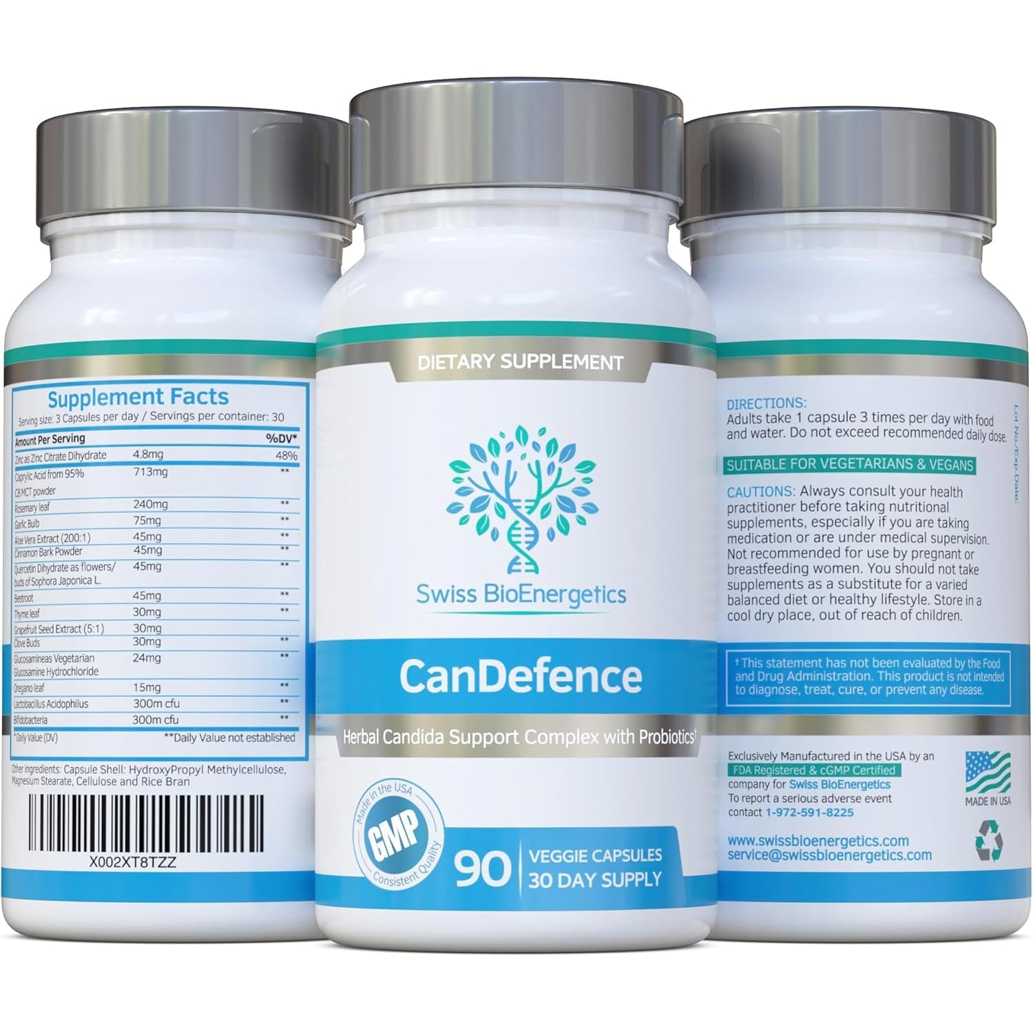 Swiss Bioenergetics Candefence — Herbal & Probiotic Digestive Support Supplement with Caprylic Acid, Oregano, Garlic, Aloe Vera, Probiotics & Zinc — 90 Vegetarian Capsules, 30 Day Supply