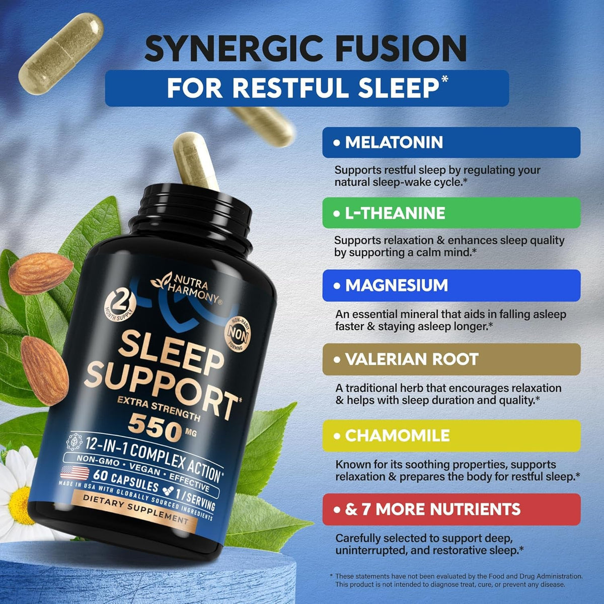 Sleeping Pills for Adults 550Mg - Melatonin 3Mg | Valerian Root for Sleep | L-Theanine | Magnesium - Natural Sleep Aid Supplement - Non-Habit Forming Rest Support - Lab Tested - 1/Day, 2 Month Supply