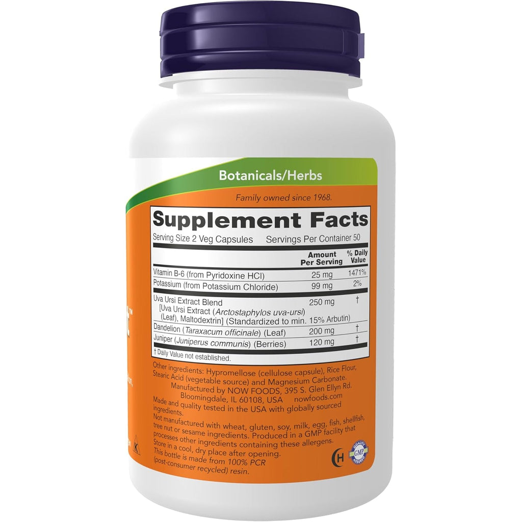 NOW Foods Supplements, Water Out with Standardized Uva Ursi, Dandelion, Potassium and Vitamin B-6, 100 Veg Capsules