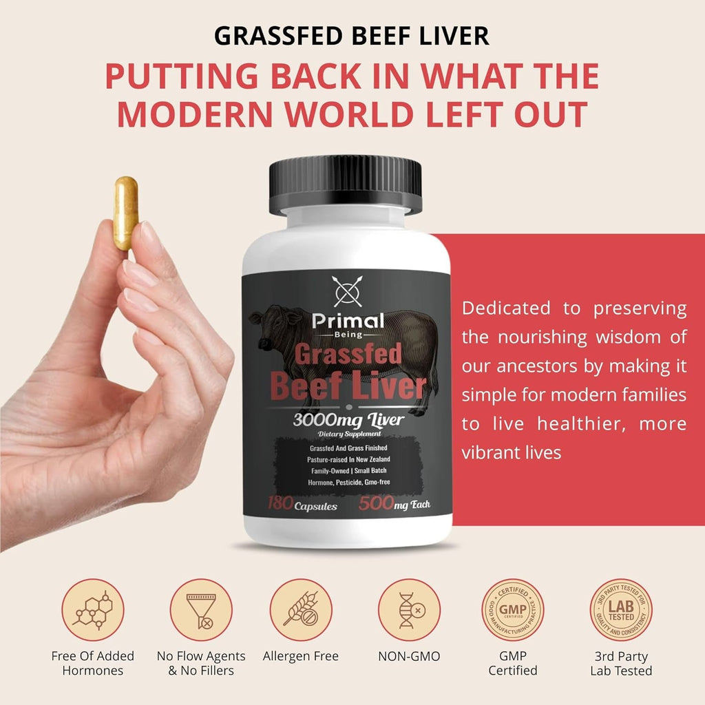 Primal Being Grassfed Beef Liver - 3000Mg Freeze Dried Capsules - Pasture Raised in New Zealand - Natural Beef Organ Supplement - Liver Supplement for Energy and Wellness - 180 Count