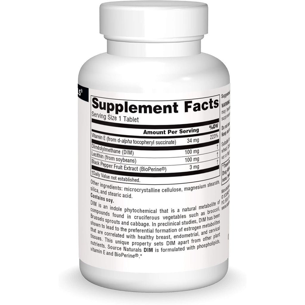 Source Naturals DIM, Diindolylmethane 100Mg with Bioperine, Vitamin E & More - 60 Tablets