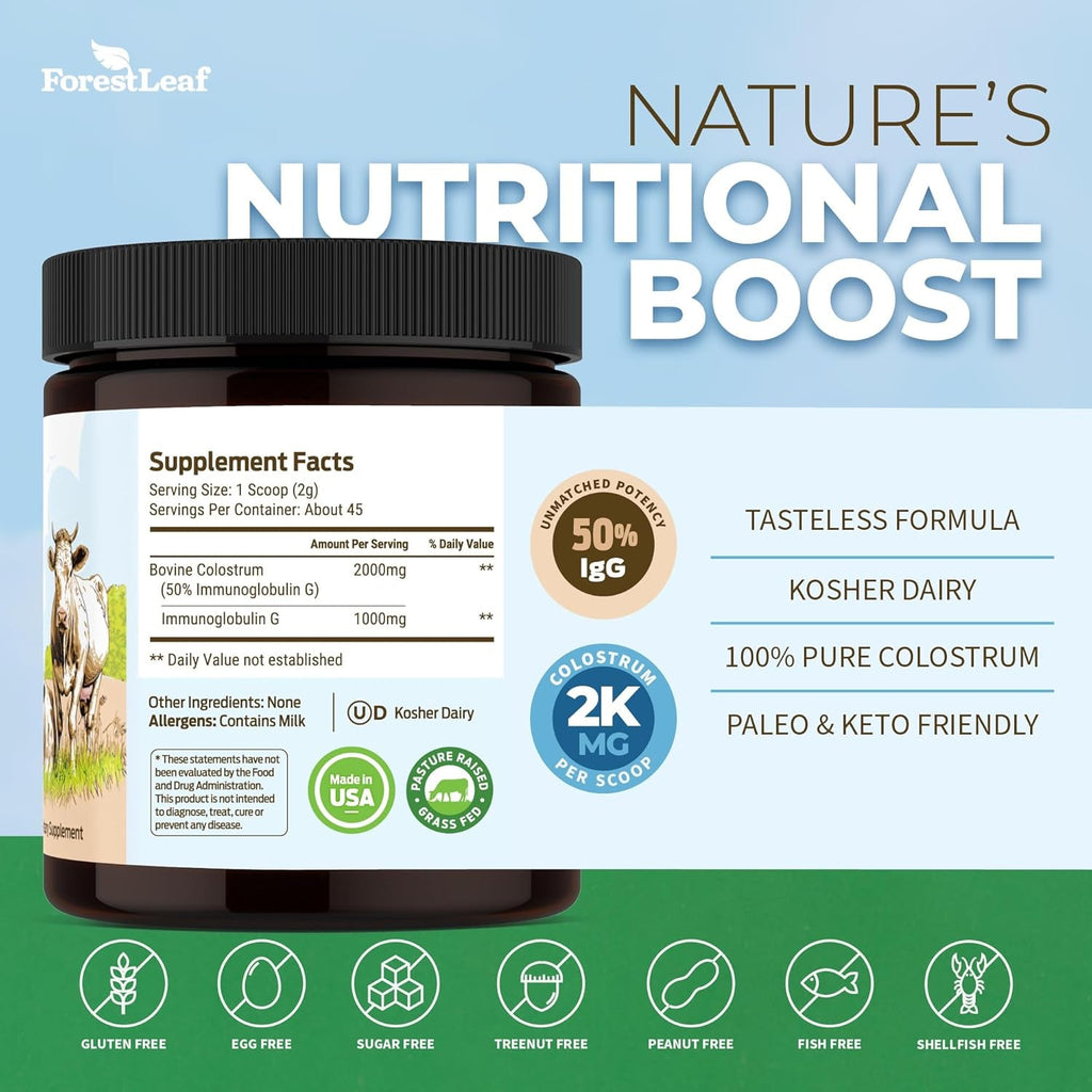 Forestleaf Colostrum Powder 50% Igg Highest Pure Concentration, Grass Fed Colostrum Supplement for Gut Health, Immune Support and Muscle Recovery, Bovine Colostrum for Humans, Unflavored, 45 Servings