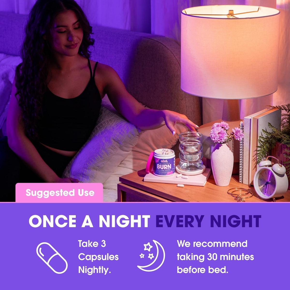Obvi Collagenic Burn PM | Nighttime Collagen Peptides for Sleep & Recovery | 5 Types Collagen + Ashwagandha, GABA & Melatonin | Capsiburn Metabolic Support | 90 Capsules | Made in USA