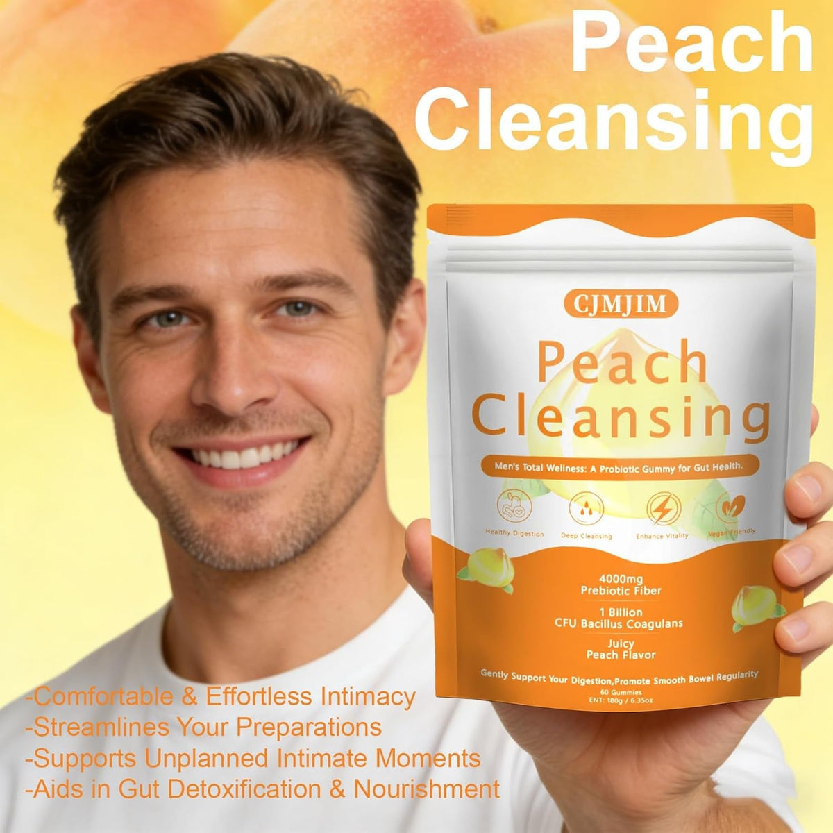 Peachy Clean Fiber Gummies with Prebiotic for Men, Peach Flavored Digestive Support & Detox Gummy Supplement, 60 Vegan Gummy Bears for Regularity & Gut Health (1)