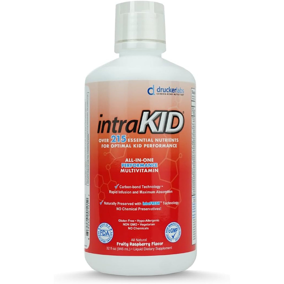 Drucker Labs Organic Liquid Multivitamin for Kids, Immune Support, Non GMO, Dairy Free, Gluten Free, Magnesium, Vitamin A,C,E, Zinc, (32 Oz., Fruity Raspberry)