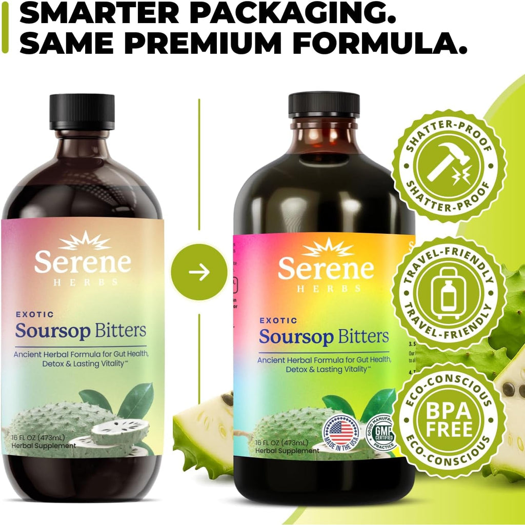 Serene Herbs Soursop Bitters Liquid with Soursop Leaves for Gut Cleanse, Detox & Immune Boost with Black Seed, Moringa, Irish Moss, Ashwaganda, Turmeric, 16 Fl Oz (16 Fl, Soursop)