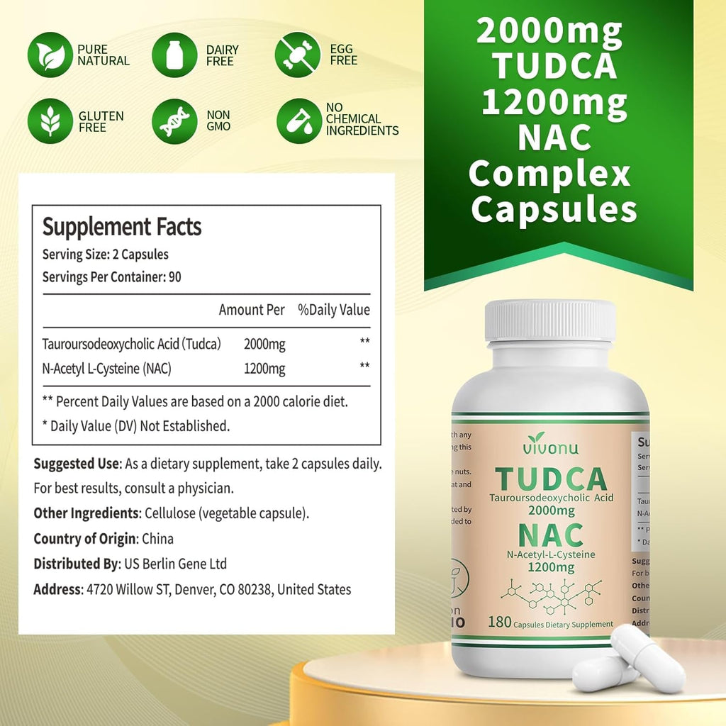 Vivonu TUDCA 2000Mg + NAC 1200Mg Supplement Complex Capsules, TUDCA Bile Salt + N Acetyl Cysteine, Antioxidant Supplements for Liver&Lung&Digestion&Gallbladder Cleanse(180 Capsules)