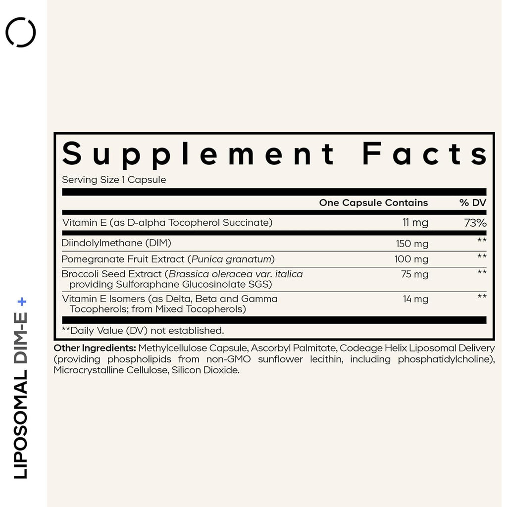 Codeage Liposomal DIM Supplement - 4 Months Supply of DIM Vitamins and SGS, Pomegranate, Broccoli, Vitamin E Isomers Tocopherols Alpha Beta Gamma Delta - Liposomal Formula - Gluten-Free - 120 Capsules