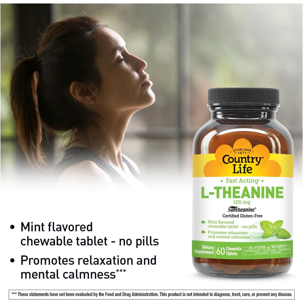 Country Life L-Theanine Fast-Acting 100Mg, 60 Chewable Tablets, Mint- Flavored, Certified Gluten Free, Certified Vegan
