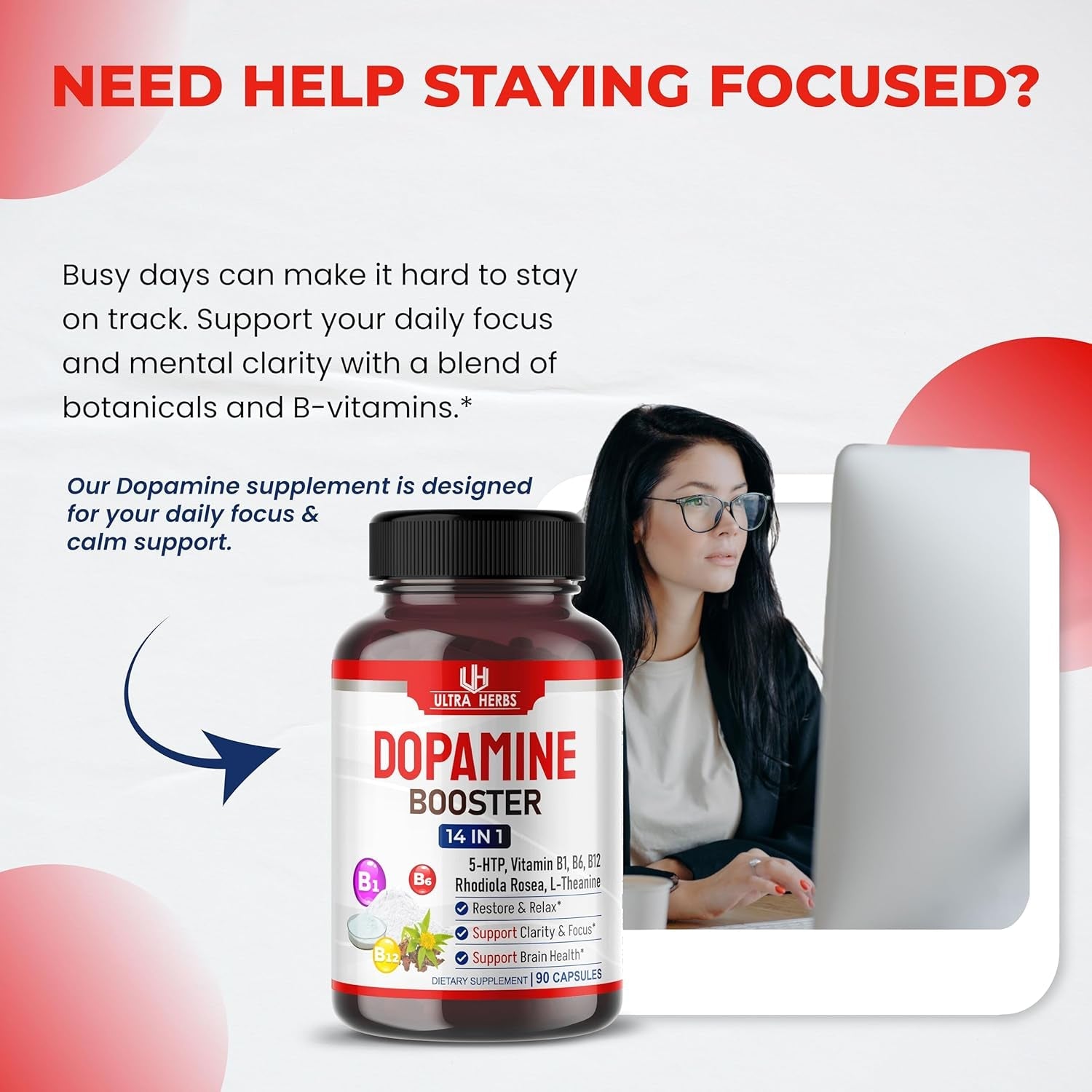 Dopamine Focus Supplement Ashwagandha 5-HTP Rhodiola Rosea St. John'S Wort - Increase Memory Clarity Focus Restore Relax with VIT B1, B6, B12, L-Theanine