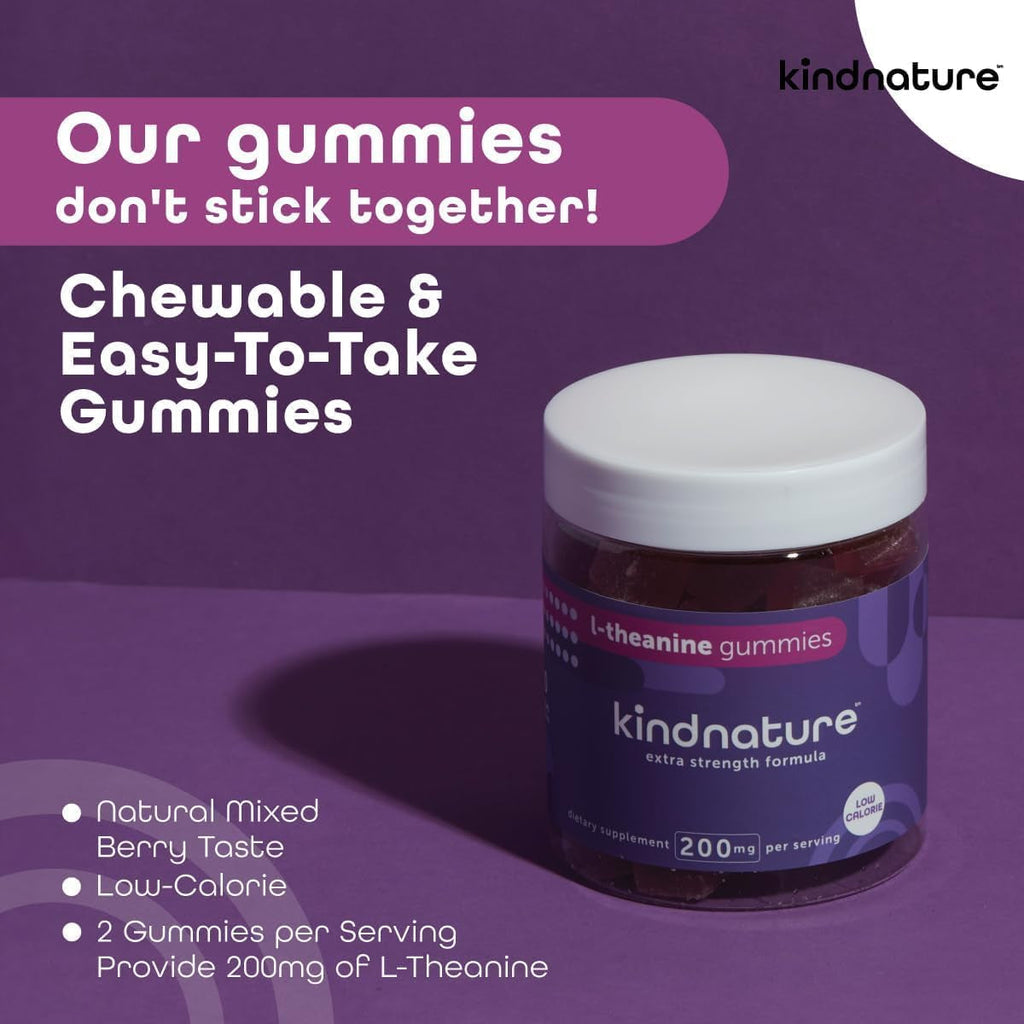 Kindnature L-Theanine 200Mg Gummies for Kids 4+ & Adults – Pure Single-Ingredient Calm & Focus Chewables – Clinical Dose, Non-Drowsy Relaxation – Vegan, Mixed Berry, Non-Gmo – 60 Ct