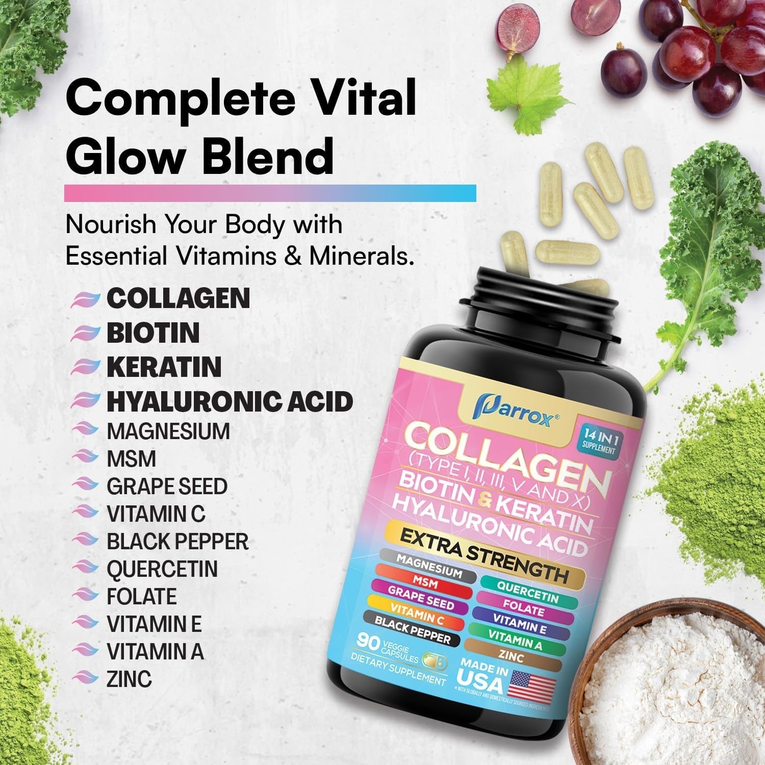 Collagen Peptides Types I, II, III, V & X, MCG Biotin, Keratin, Hyaluronic Acid, MSM, Zinc, Grape Seed Extract, Quercetin, Vitamin A, Vitamin C, Vitamin E, Magnesium, Folic Acid (90 Capsules)