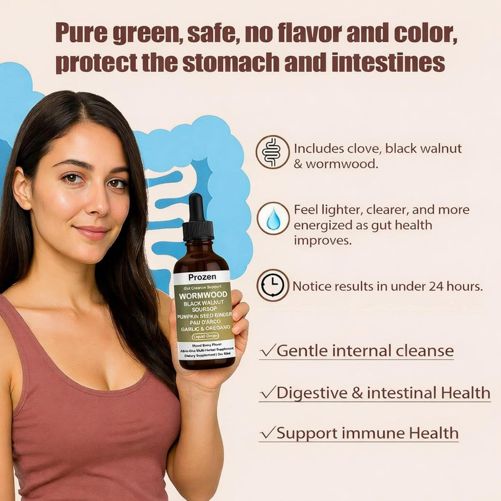 Prozen Wormwood Gut Cleanse Liquid Drops, Wormwood Black Walnut Clove Gut Cleanser for Adults with Soursop, Pumpkin Seed, PAU D'Arco, Garlic Oregano, Boosts Energy, Gut Health & Absorption, 2Oz (1)