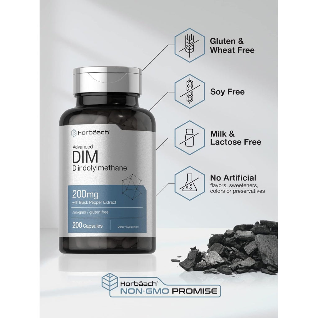 Horbäach DIM Supplement 200Mg | 200 Capsules | with Black Pepper Extract | Advanced Diindolylmethane for Women and Men | Non-Gmo, Gluten Free