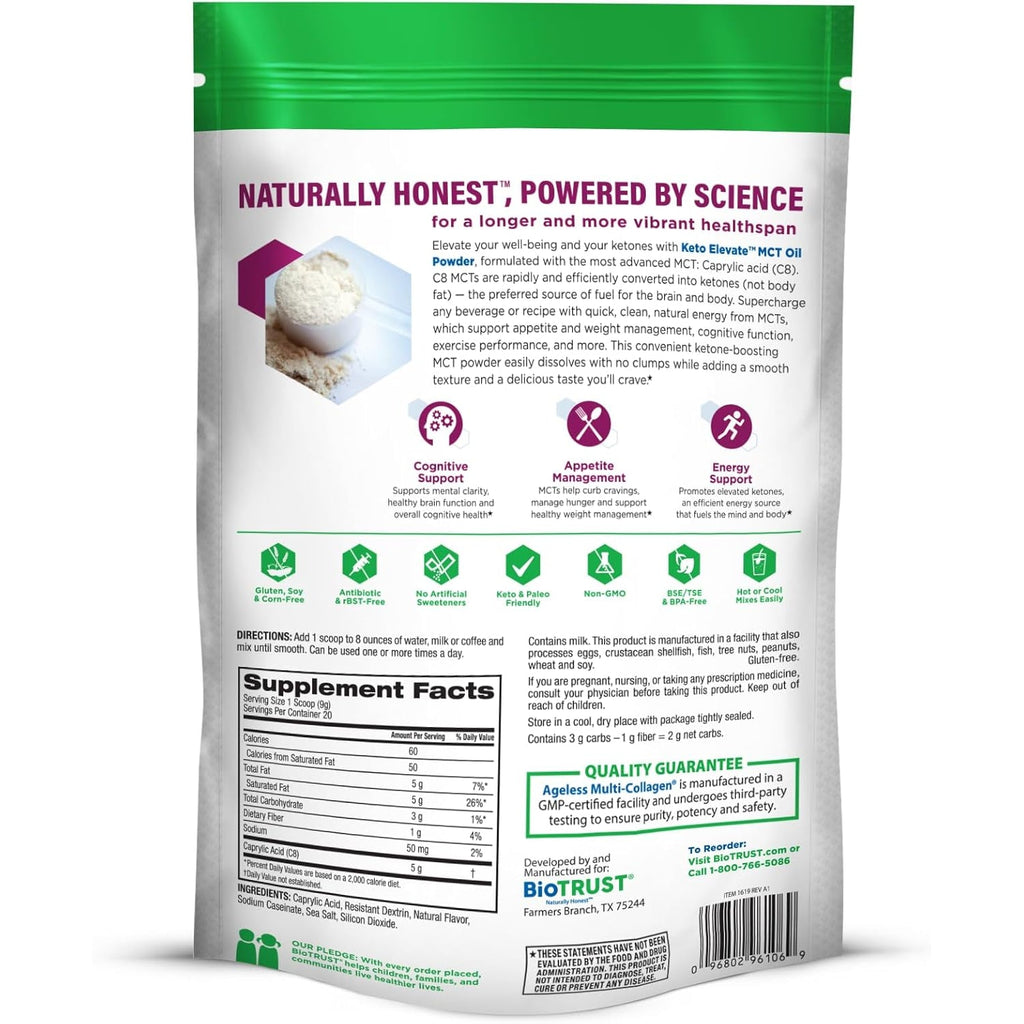 Biotrust Keto Elevate - C8 MCT Oil Powder - Ketogenic MCT Coffee Creamer, Keto Coffee Creamer - Clean Energy, Mental Focus & Clarity - 100% Caprylic Acid MCT Powder, Non-Gmo (Unflavored, 40 Servings)