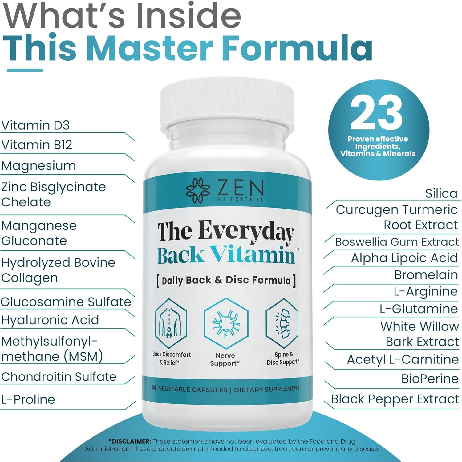 Zen Nutrients the Everyday Back Vitamin for Lower Back Relief & Nerve Function Support Supplement - Back, Disc and Nerve Relief with Alpha Lipoic Acid, Turmeric & Glucosamine (60 Capsules)
