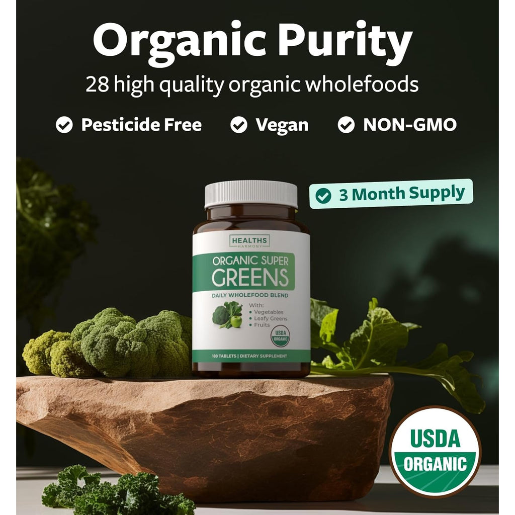USDA Organic Super Greens Supplement - Organic Greens Fruits and Vegetable Supplement for Adults with 28 Superfood Complex with Superfruits Roots Herbs & More - Vegan & Non-Gmo (Up to 3 Month Supply)