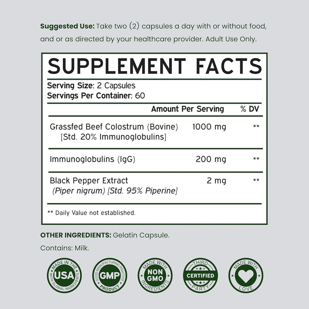 Colostrum Supplement (120 Count) 1000Mg per Serving (Bovine Colostrum Capsules from First Milking Only, Std. to Contain 20% Igg Immunoglobulins) - Grass Fed, No Fillers, Third Party Tested - USA Made