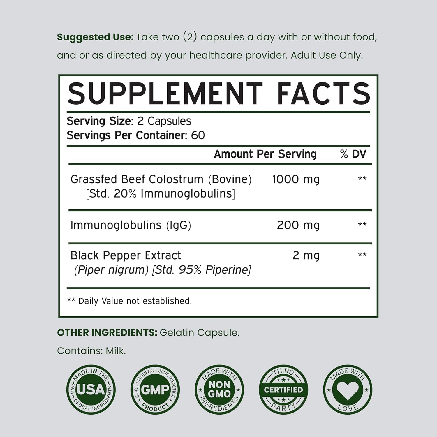 Colostrum Supplement (120 Count) 1000Mg per Serving (Bovine Colostrum Capsules from First Milking Only, Std. to Contain 20% Igg Immunoglobulins) - Grass Fed, No Fillers, Third Party Tested - USA Made