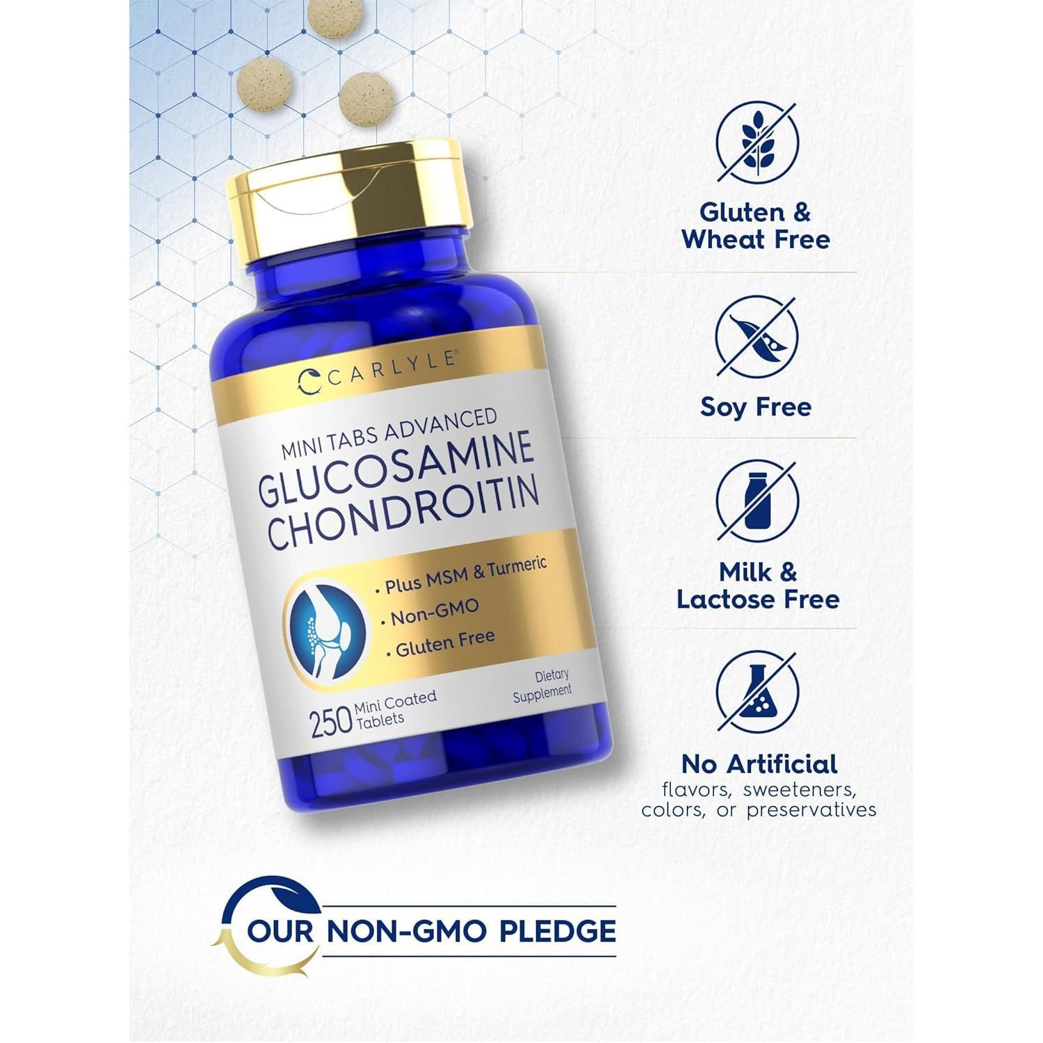 Carlyle Glucosamine Chondroitin MSM | 250 Mini Tablets | Advanced Formula with Turmeric | Non-Gmo, Gluten Free
