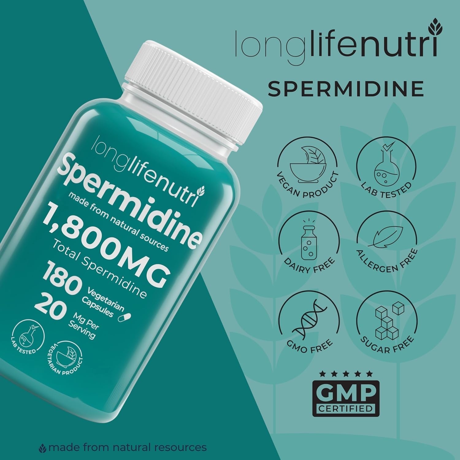 Longlifenutri Spermidine 20Mg, Supports Cellular Health & Brain Function - 180 Count, 2 Serving Size, Vegan Capsules, Wheat Germ Extract, Naturally Support Wellness, Lab Tested, Crafted in USA