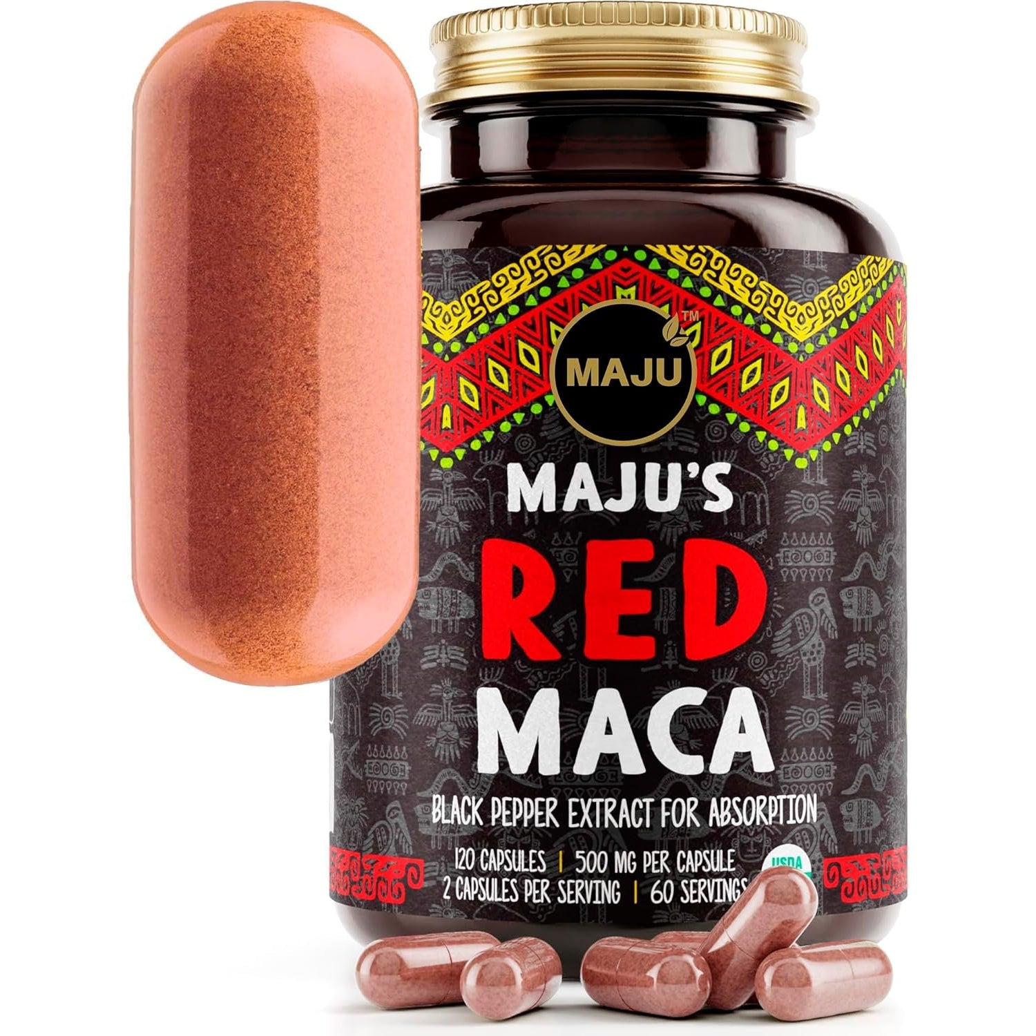 Maju Superfoods Organic Red Maca Root Capsules 120Ct - Women Focused Curve Enhancement Nutrition Booster Pills, Gain for Thighs, Powder in Pill Supplement
