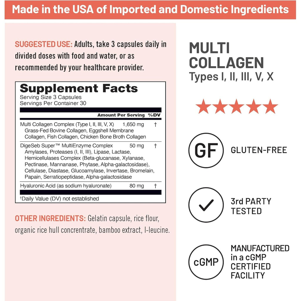 Naturewise Multi Collagen Peptides Pills for Women & Men - Type I, II, III, V, X W/Hyaluronic Acid - Supports Skin, Hair, Joint Health* - Grass Fed, Gluten Free, Non-Gmo - 90 Capsules[30 Day Supply]