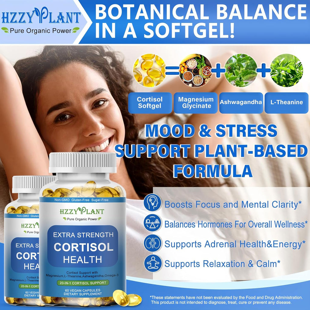 Cortisol Supplements for Women and Men Softgels with Phosphatidylserine Magnesium Ashwagandha L-Theanine,High Absorption Cortisol Detox Capsules for Sleep Relaxation Stress Relief,Non-Gmo,60 Servings