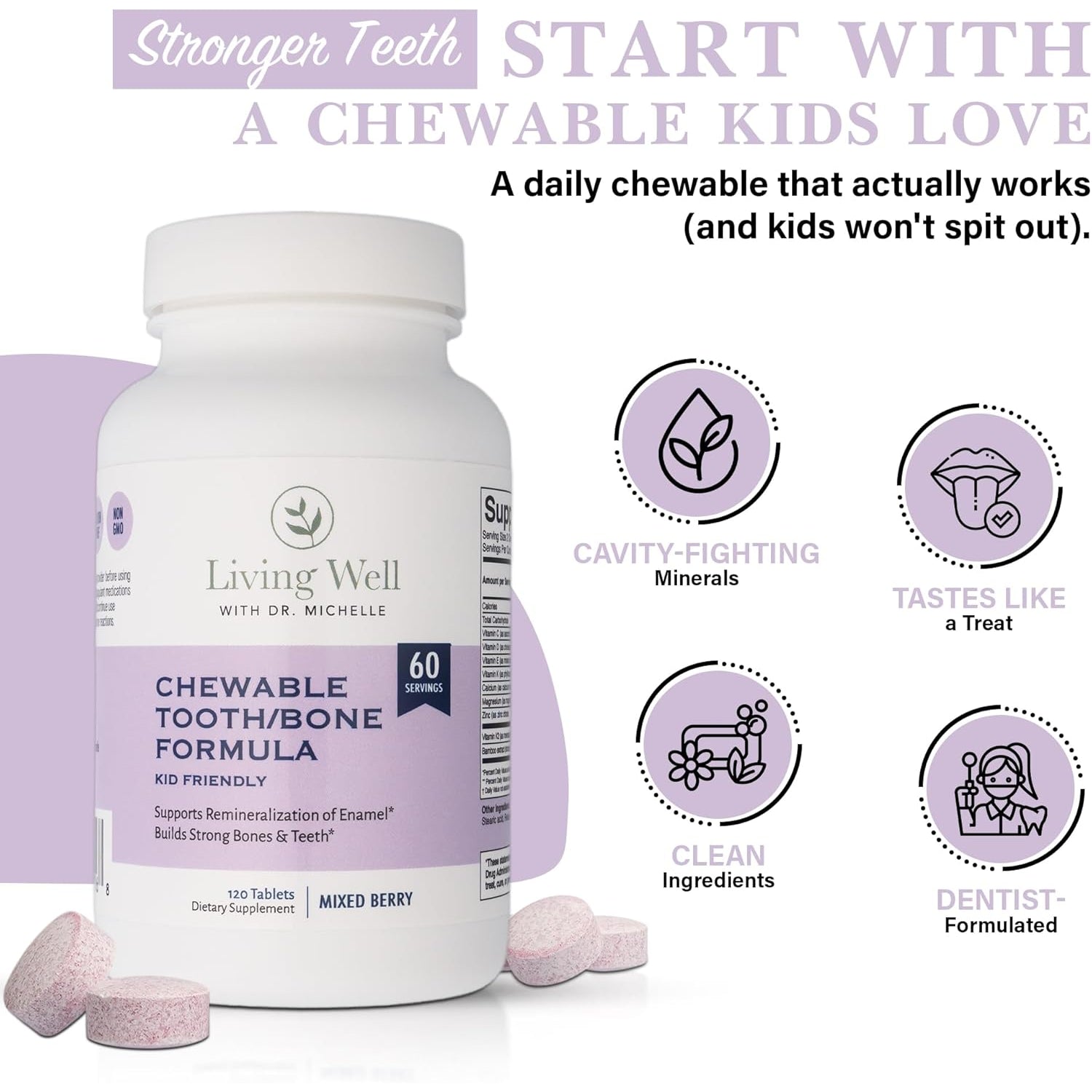 Living Well Kids Calcium & Tooth Support – Chewable Bone Health Vitamins with D3 + K2, Magnesium & Zinc – Strong Teeth & Enamel Defense – Berry Flavor – Fluoride-Free, Non-Gmo