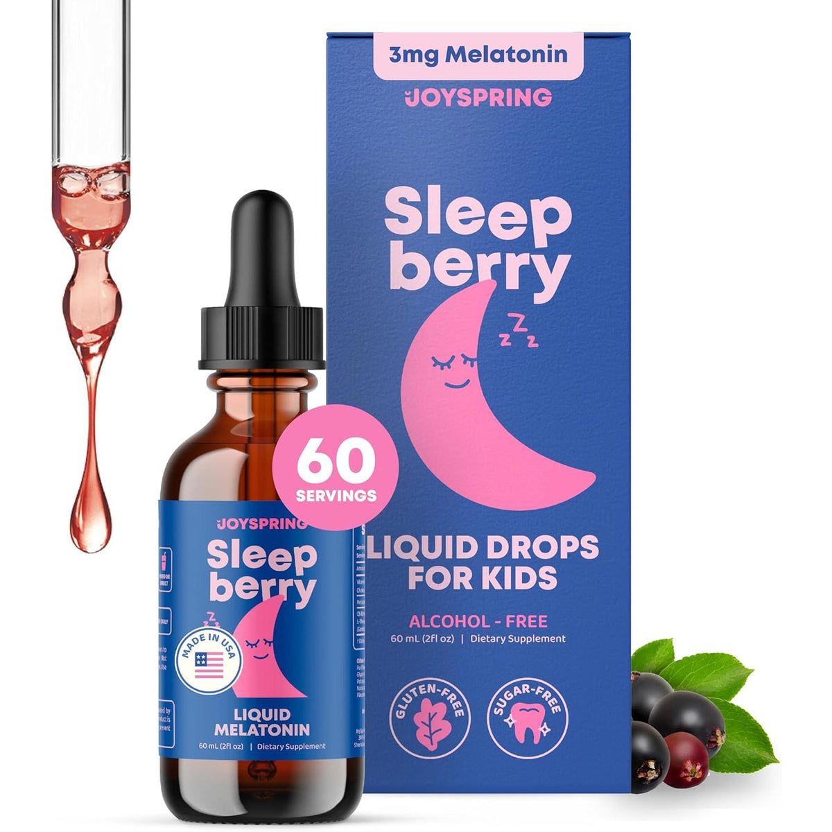 Joyspring Sleepberry Kids Melatonin 3 Mg – Liquid Sleep Aid with L Theanine, High Absorption Berry Drops (2 Fl Oz) 60 Servings, Children'S Melatonin with Vitamin D Kids Travel Essentials