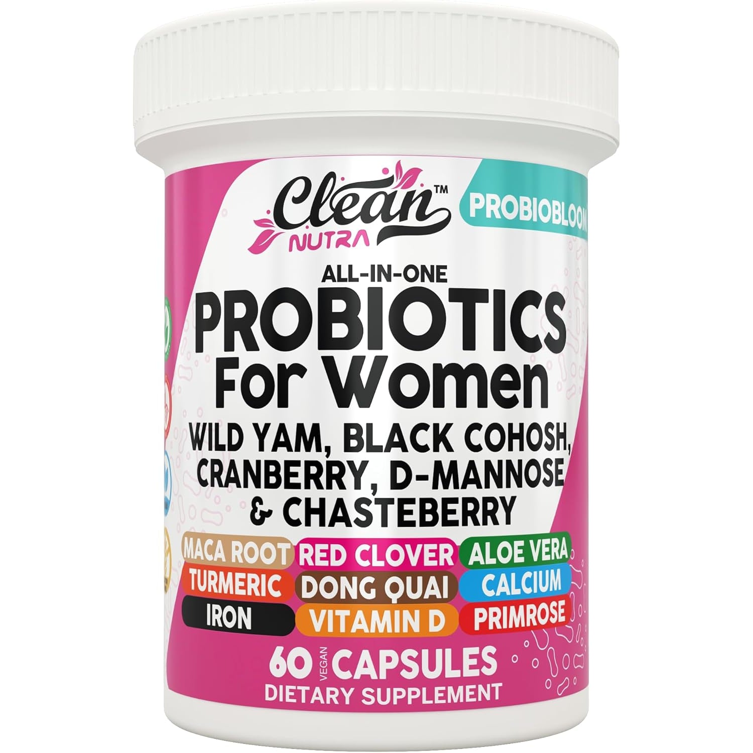 Clean Nutraceuticals Probiotics for Women with D Mannose, Cranberry Extract, Wild Yam, Chasteberry - 20 Probiotic and Prebiotic Strains - PH Balance, Womens Probiotic for Digestive Health - 60 Count
