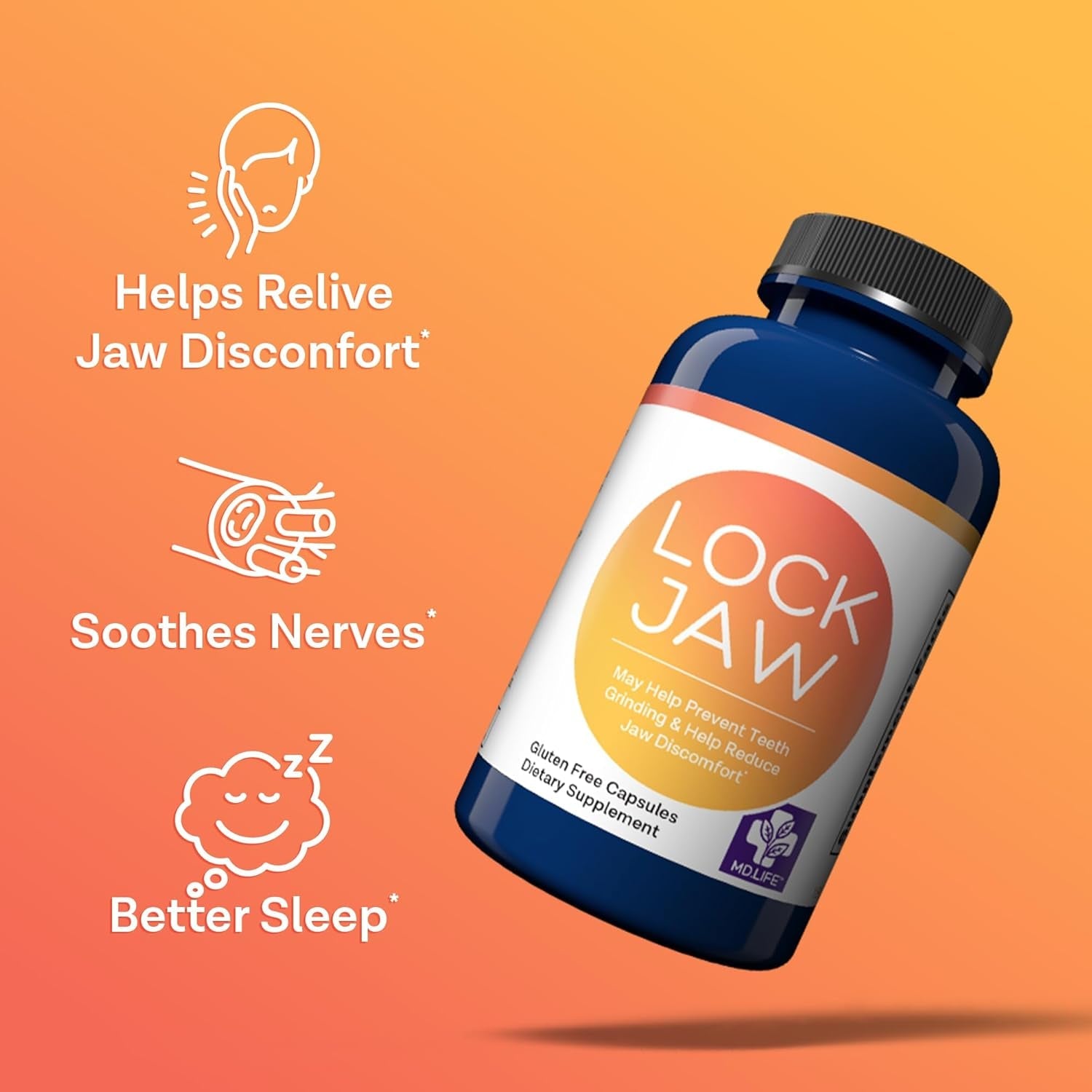 MD.LIFE Lock Jaw Assistance - 60 Vegan Capsules - TMJ Relief Support and Jaw Relaxer Supplement - Double Strength Formula Tension Relief- Third-Party Tested