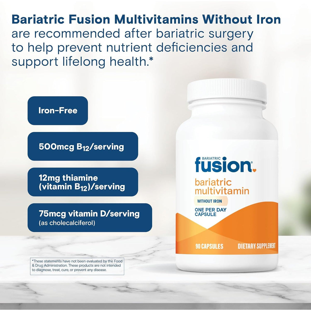 Bariatric Fusion Bariatric Multivitamin without Iron | 1 per Day | Post Surgery Patients | Iron Free Vitamin for Gastric Bypass and Sleeve Gastrectomy | Easy to Swallow Capsules | Three Month Supply