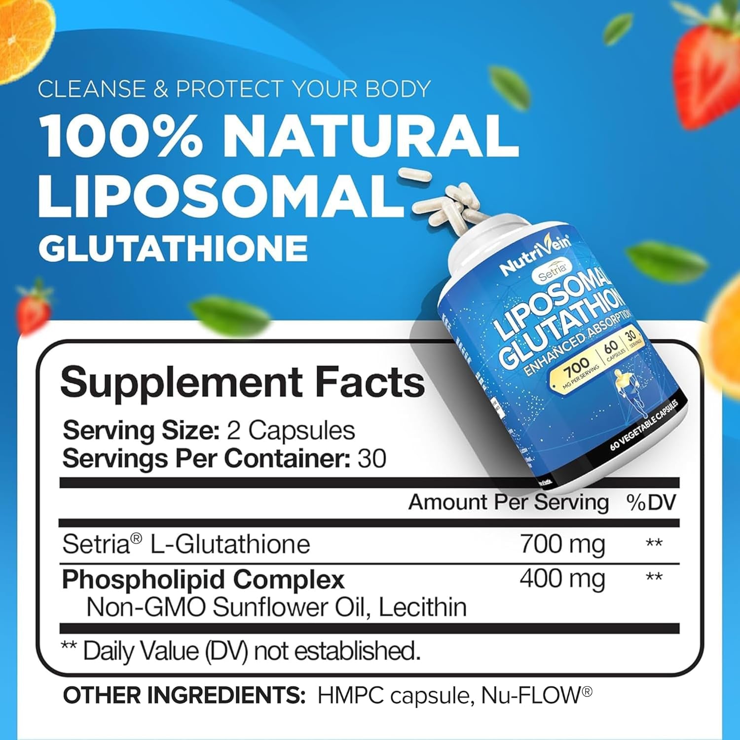 Nutrivein Premium Liposomal Glutathione Supplement 700 Mg - 60 Caps - Pure Reduced Glutathione Setria - Master Antioxidant - Cell Protection, Cleansing, Liver, Brain, Vitality, and Defenses