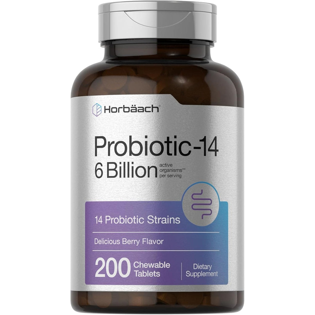 Horbäach Probiotics 6 Billion Cfus | 200 Chewable Tablets | Berry Flavor | 14 Probiotic Strains | Vegetarian, Non-Gmo & Gluten Free Supplement for Men & Women