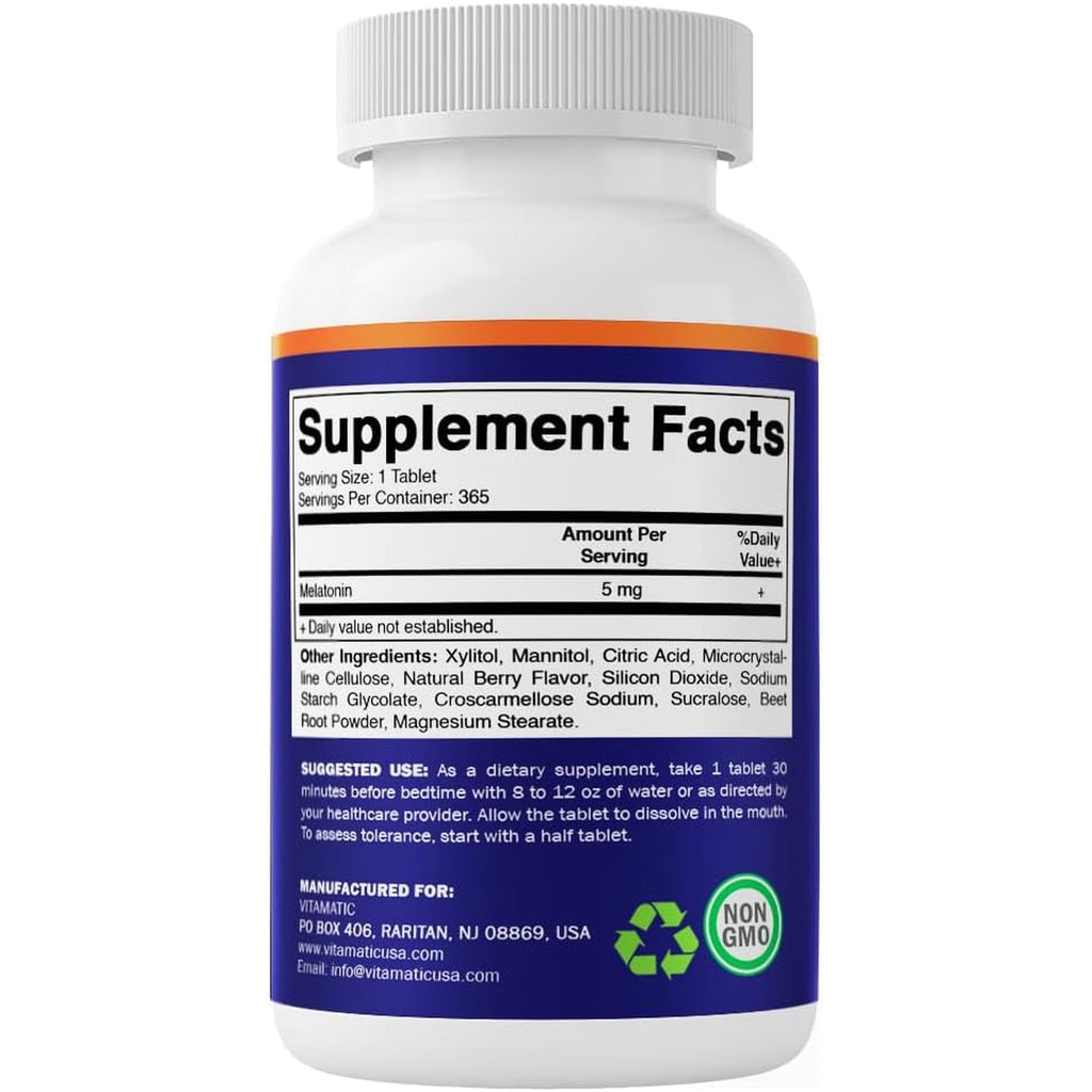 Vitamatic Melatonin 5 Mg Tablets | Vegetarian, Non-Gmo, Gluten Free | 1 Year Supply | Natural Berry Flavor - 365 Tablets