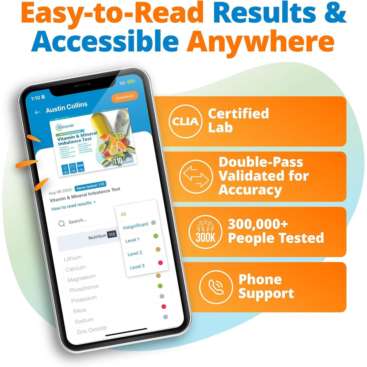 5Strands Nutrition Test, 112 Vitamins, Minerals, Amino Acids Tested, Identify Nutrient Absorption Issues, Holistic at Home Imbalance Testing, Results in 4 Days