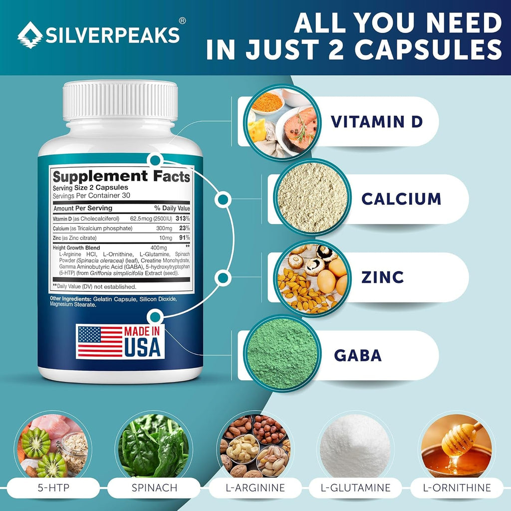 SILVERPEAKS Height Growth Maximizer - Natural Pills to Grow Taller Made in USA with Calcium for Bone Strength Get Supplement That Increases Free of Hormone, 60 Count (Pack of 1)