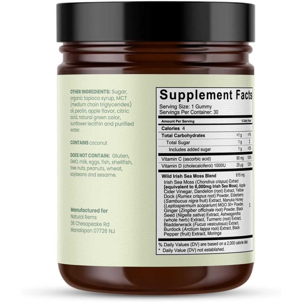 Natural Rems Sea Moss Gummies 16-In-1 - Ashwagandha Black Seed Oil Bladder Wrack Turmeric Vitamin C & D3 with Manuka Burdock Root Dandelion Yellow Dock Elderberry Apple Cider Vinegar (Green Apple)