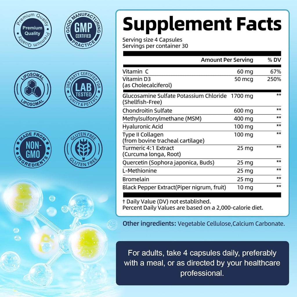 Totaria Liposomal Glucosamine Chondroitin MSM Collagen | 3000 MG | Joint Support Supplement Bone Health Support Flexibility & Cartilage Maintenance for Men & Woman Supplement, Non-Gmo