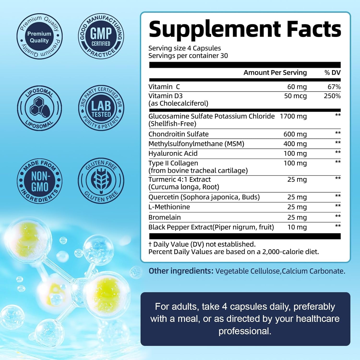 Totaria Liposomal Glucosamine Chondroitin MSM Collagen | 3000 MG | Joint Support Supplement Bone Health Support Flexibility & Cartilage Maintenance for Men & Woman Supplement, Non-Gmo