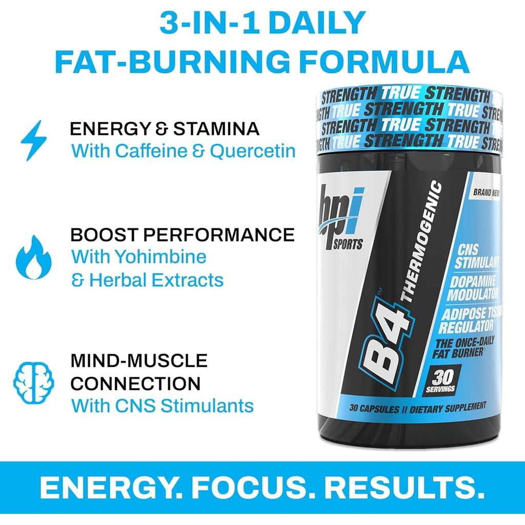BPI Sports B4 – Extra Strength Natural Fat Burner for Women & Men – Keto-Friendly Fat Burner Capsules, Weight Loss & Appetite Control -Caffeine, Niacin, Quercetin, Yohimbine – 30 Servings – 710Mg